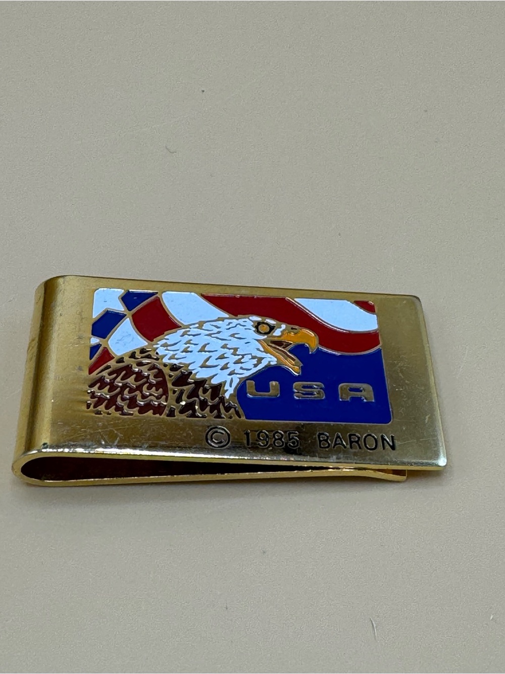 Vintage Enameled USA Eagle Money Clip 1985 Baron Gold Tone